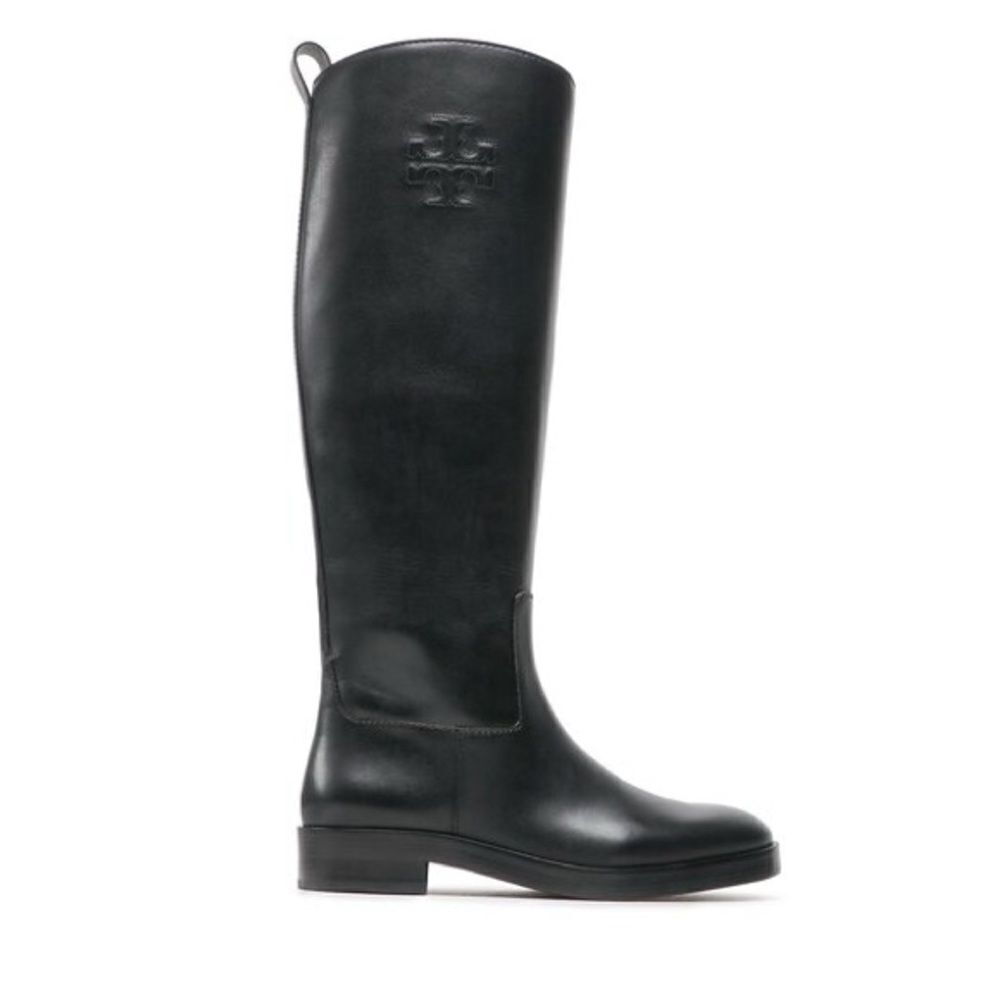 Tory Burch | Tory Burch Logo Embossed Riding Boots in Black | 6.5 M